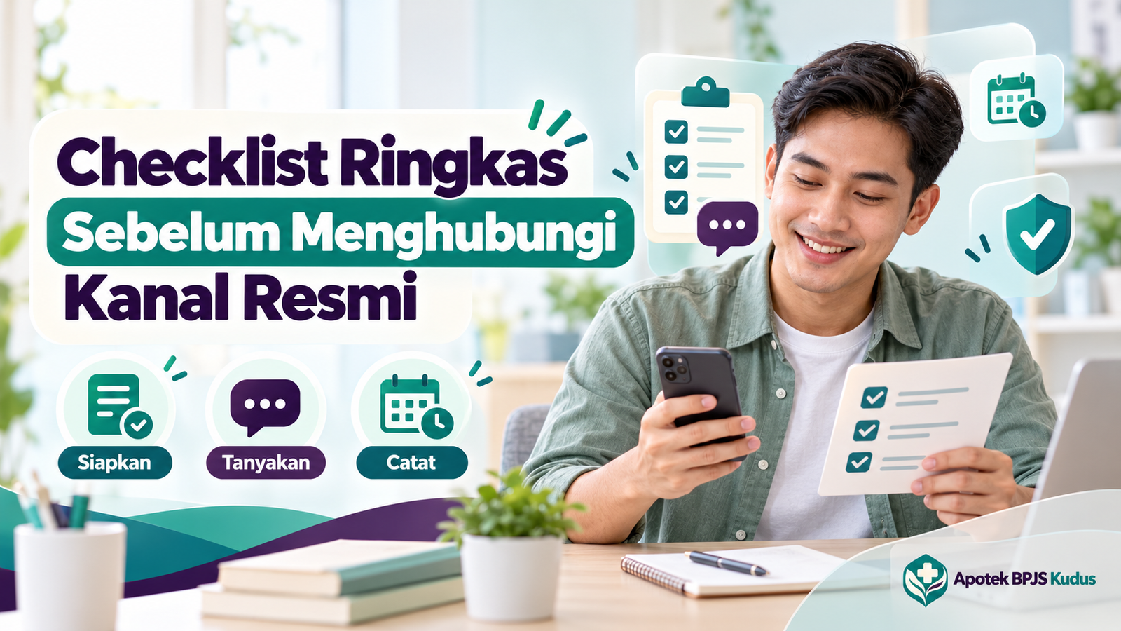 Ilustrasi checklist sebelum menghubungi kanal resmi dengan watermark Apotek BPJS Kudus.